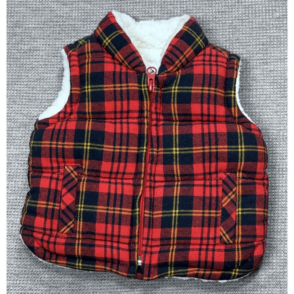 Old Navy Baby Plaid Puffer Vest Size 0-3M Flannel Quilted Sherpa Lined Red Black
